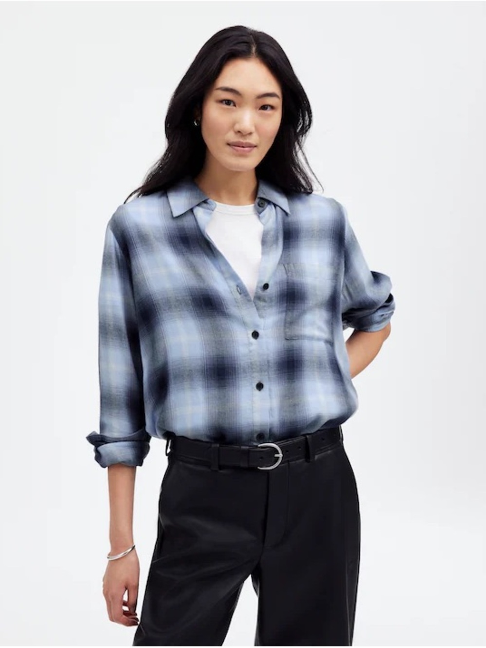 Madewell Easy Y-Neck Button-Up Flannel Soft Shirt Deep Indigo Plaid size XXS